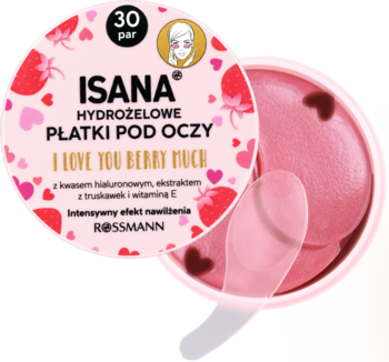 Isana I Love You Berry Much, różowe hydrożelowe płatki pod oczy, otwarte opakowanie z etykietą '30 par', widok z góry.