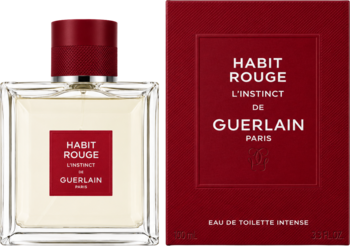 Guerlain Habit Rouge L'instinct męska EDT, butelka i czerwone pudełko stojące obok siebie, widok z przodu.