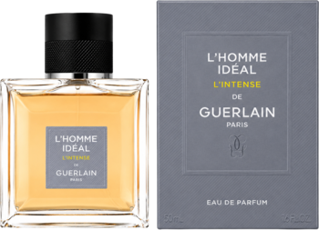 Guerlain L'Homme Ideal L'Intense, męska woda perfumowana. Bursztynowa butelka obok szarego pudełka, widok z przodu.