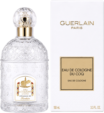 Męska woda kolońska Guerlain Eau De Cologne Du Coq: ozdobna butelka i białe pudełko ze złotymi akcentami.