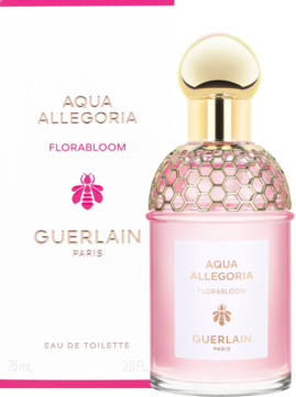 Guerlain Aqua Allegoria Florabloom EDT 75ml, różowa butelka z sześciokątnym wzorem i złotą nakrętką, obok pudełko.