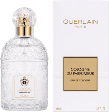 Guerlain Cologne Du Parfumeur, woda kolońska unisex. Zdobiona szklana butelka obok białego pudełka z złotym detalem.