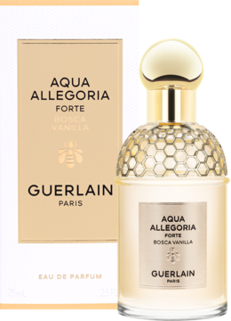 Guerlain Aqua Allegoria Forte Bosca Vanilla woda perfumowana, złoto-beżowa butelka i pudełko z pszczelim motywem.