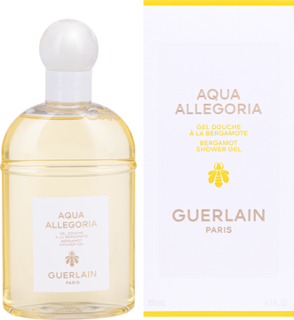 Guerlain Aqua Allegoria Bergamot Shower Gel: żółty żel w przezroczystej butelce z białą nakrętką i białym pudełkiem.