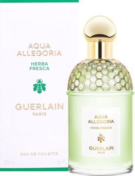 Damska woda toaletowa Guerlain Aqua Allegoria Herba Fresca, zielona butelka z pszczelim wzorem obok białego pudełka.