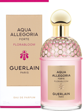 Guerlain Aqua Allegoria Florabloom Forte EDP, różowa butelka ze złotym miodowym kołnierzem i beżowe pudełko.