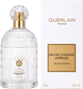 Guerlain Eau de Cologne Impériale, ornate szklana butelka obok białego pudełka, widok z przodu, cytrusowa damska woda kolońska.