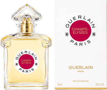 Guerlain Champs-Elysees 75ml woda perfumowana, butelka i pudełko. Złote detale, okrągła etykieta. Kwiatowy.