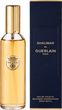 Złota butelka uzupełnienia Guerlain Shalimar Eau de Toilette 95ml i granatowe pudełko. Orientalno-słodki zapach.