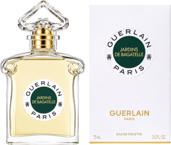 Guerlain Jardins de Bagatelle damska woda toaletowa, butelka ze złotym korkiem i białe pudełko z zielonym logo.