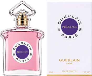 Guerlain Insolence EDT, różowa butelka z rzeźbionym korkiem, obok białe pudełko z logo, widok z przodu.