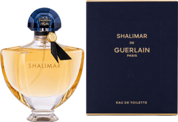 Flakon damskiej Guerlain Shalimar EDT z ornamentową nakrętką obok granatowego pudełka, widok z przodu.