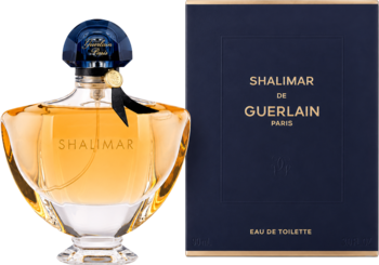 Guerlain Shalimar woda toaletowa, orientalny zapach. Złoto-bursztynowa butelka obok granatowego pudełka, widok z przodu.