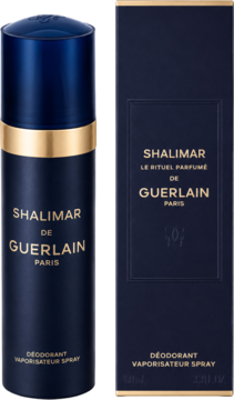 Guerlain Shalimar damski dezodorant perfumowany w niebieskim sprayu i dopasowane pudełko ze złotymi napisami, widok z przodu.
