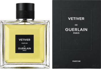 Męskie perfumy Guerlain Vetiver: prostokątna butelka ze złotym płynem i czarne matowe pudełko, widok z przodu.