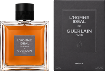 Guerlain L'Homme Idéal EDP, bursztynowa butelka i grafitowe pudełko, ujęcie z przodu na białym tle.