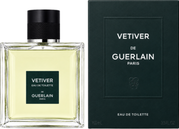 Męska woda toaletowa Guerlain Vetiver: przezroczysta butelka z zielonym płynem i ciemne pudełko, obok siebie.