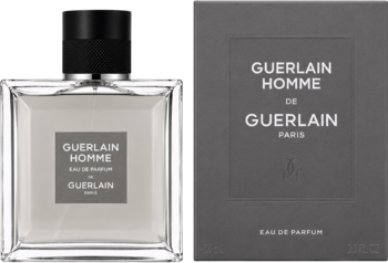 Guerlain Homme męska woda perfumowana. Szklany flakon z czarną nakrętką i szare pudełko. Orzeźwiający zapach.