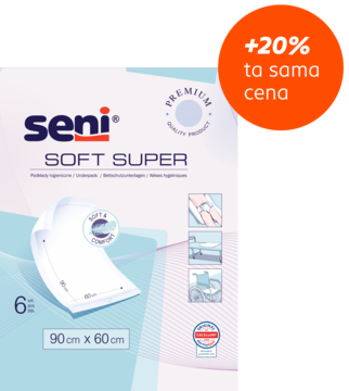 Seni Soft Super, białe opakowanie premium podkładów higienicznych 90x60cm z niebieskimi falami, +20% więcej.