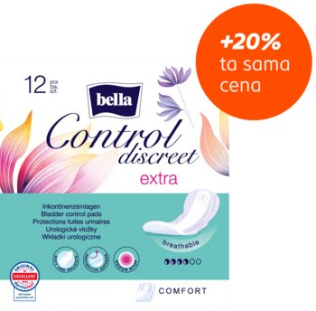 Opakowanie Bella Control Discreet Extra wkładki urologiczne, dyskretne, 12 szt., z kwiatami, +20% gratis.