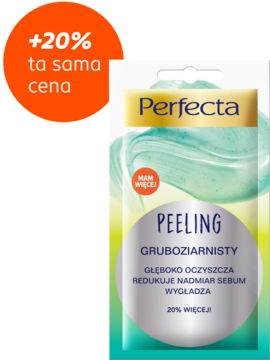 Peeling gruboziarnisty Perfecta w turkusowo-srebrnej saszetce, z napisem +20% więcej w tej samej cenie.