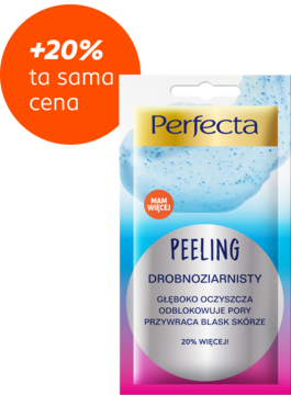 Perfecta peeling drobnoziarnisty, niebiesko-różowa saszetka, widok z przodu, z naklejką „+20% ta sama cena”.