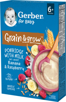 Gerber Grain & Grow Oat-Wheat Porridge, Banana & Raspberry (6+ months), blue carton, bowl, fruit.