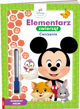 Elementarz zwierząt Ćwiczenia Disney z Myszką Miki i przyjaciółmi, z mazakiem ścieralnym, dla dzieci, widok z przodu.
