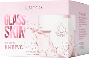 Różowe i białe pudełko Kimoco Glass Skin nawilżających płatków tonerowych. Widoczne okrągłe płatki i logo Hydro Boost.