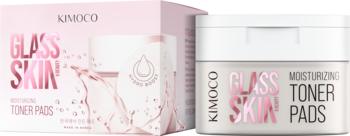 KIMOCO Glass Skin Moisturizing Toner Pads: biały słoik i różowe pudełko, widoczne z przodu pod kątem.