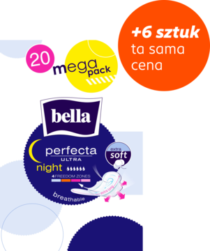 Opakowanie podpasek Bella Perfecta Ultra Night, 20 sztuk, z pomarańczową etykietą '+6 sztuk ta sama cena'.