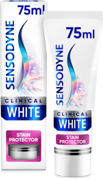 Biała tubka i opakowanie pasty Sensodyne Clinical White 75ml. Chroni zęby przed nadwrażliwością i usuwa przebarwienia.