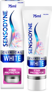 Sensodyne Clinical White pasta do zębów 75ml. Biało-niebieskie opakowanie i tubka 'Stain Protector', widoczne z przodu.