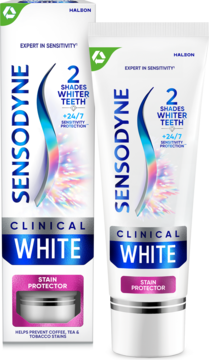 Biała tubka i pudełko Sensodyne Clinical White, pasta wybielająca na nadwrażliwość 24/7, 2 odcienie bielsze zęby.