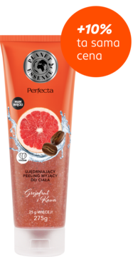 Widok z przodu: pomarańczowa tuba Perfecta Planet Essence Ujędrniający peeling Grejpfrut i Kawa 275g, +10% gratis.