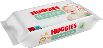 Huggies All Over Clean chusteczki nawilżane, białe opakowanie z dzieckiem i tęczą, neutralne pH, widok pod kątem.