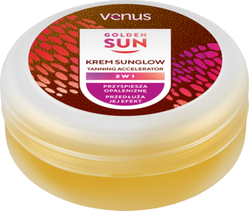 Balsam przyspieszający opalanie Venus Golden Sun Sunglow, 2w1, w żółtym słoiczku z barwnym wzorem na wieczku.