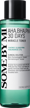 SOME BY MI AHA BHA PHA Miracle Toner 150ml, zielona butelka z czarną nakrętką, widok z przodu.