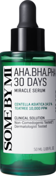 Some By Mi AHA BHA PHA 30 Days Miracle Serum z centellą i herbatą, zielona butelka z pipetą, widok przodem.