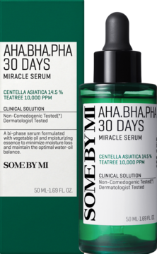 Serum Some By Mi AHA.BHA.PHA Miracle na trądzik. Zielona butelka z pipetą i białe pudełko obok.