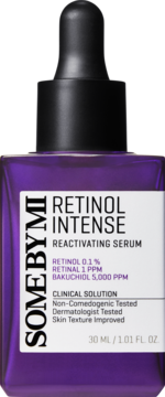 SOMEBYMI Retinol Intense Serum 30ml, fioletowa butelka z czarnym zakraplaczem, z retinolem, retinalem i bakuchiolem.