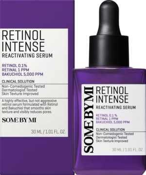 Fioletowe serum Some By Mi Retinol Intense z zakraplaczem, butelka i pudełko, retinol, retinal, bakuchiol.