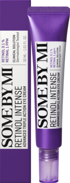 Fioletowy krem pod oczy SOME BY MI Retinol Intense 0.1% z retinalem 1 ppm, tubka i pudełko 30ml.