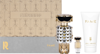 Zestaw Paco Rabanne Fame: złoty flakon EDP w kształcie robota, miniaturka, biały balsam i beżowe pudełko.