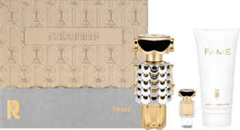 Zestaw Paco Rabanne Fame: woda perfumowana robot 80ml, miniatura 4ml, balsam 100ml i złote pudełko.