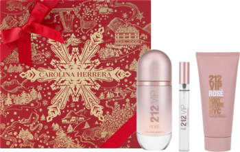Zestaw Carolina Herrera 212 VIP Rose: czerwone pudełko, różowe perfumy 80ml i 10ml, balsam 100ml. Kwiatowo-owocowy zapach.