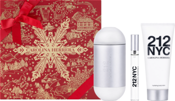 Zestaw Carolina Herrera 212 NYC dla kobiet: czerwone pudełko, woda toaletowa 100ml i 10ml, balsam 100ml. Widok z przodu.