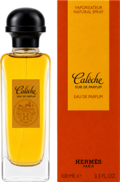 Hermès Calèche Soie De Parfum damska woda perfumowana, butelka obok pomarańczowego opakowania, widok z przodu.