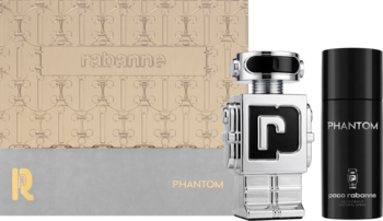Zestaw Paco Rabanne Phantom dla mężczyzn: woda toaletowa w srebrnej butelce-robocie i czarny dezodorant, obok beżowego pudełka.