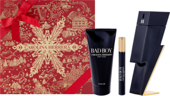 Zestaw Bad Boy Carolina Herrera: czerwone pudełko, woda toaletowa (butelka w kształcie błyskawicy 100ml, 10ml) i żel 100ml.